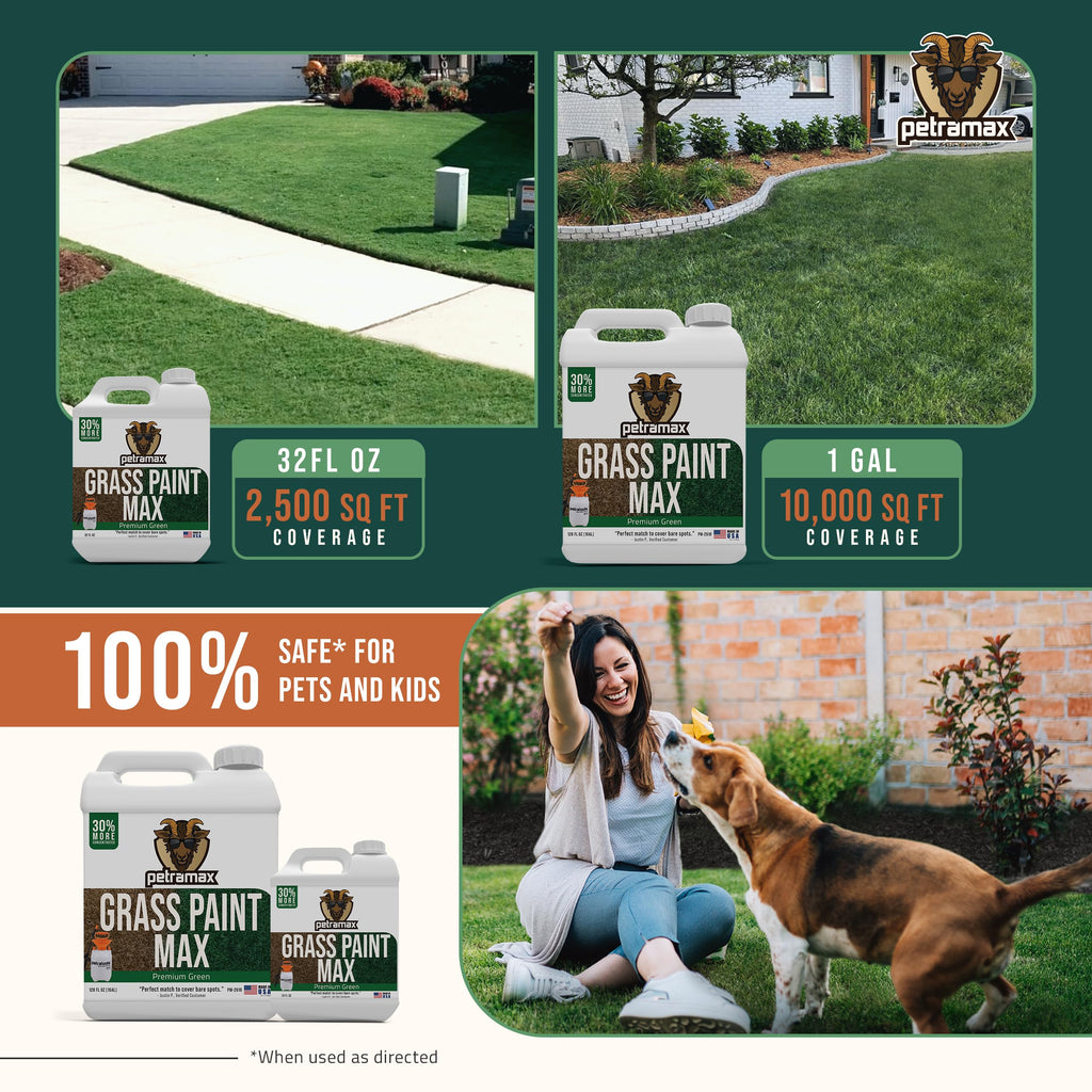PetraMax Max Grass Paint for Lawn - Maintain Perfect Green Grass, Spray for Lawn & Shrubs Green Spray, Paint Pair with Petra Sprayers - Touch up Dog Spots - Non-Toxic Safe for Pets (Premium, 1 Gal)