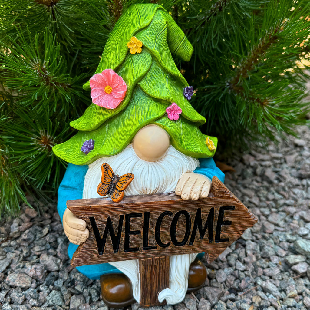 Mood Lab Garden Gnome - Solar Gnome Figurine with Welcome Sign - 9.1 Inch Decor Outdoor Lawn Statue with LED Lights