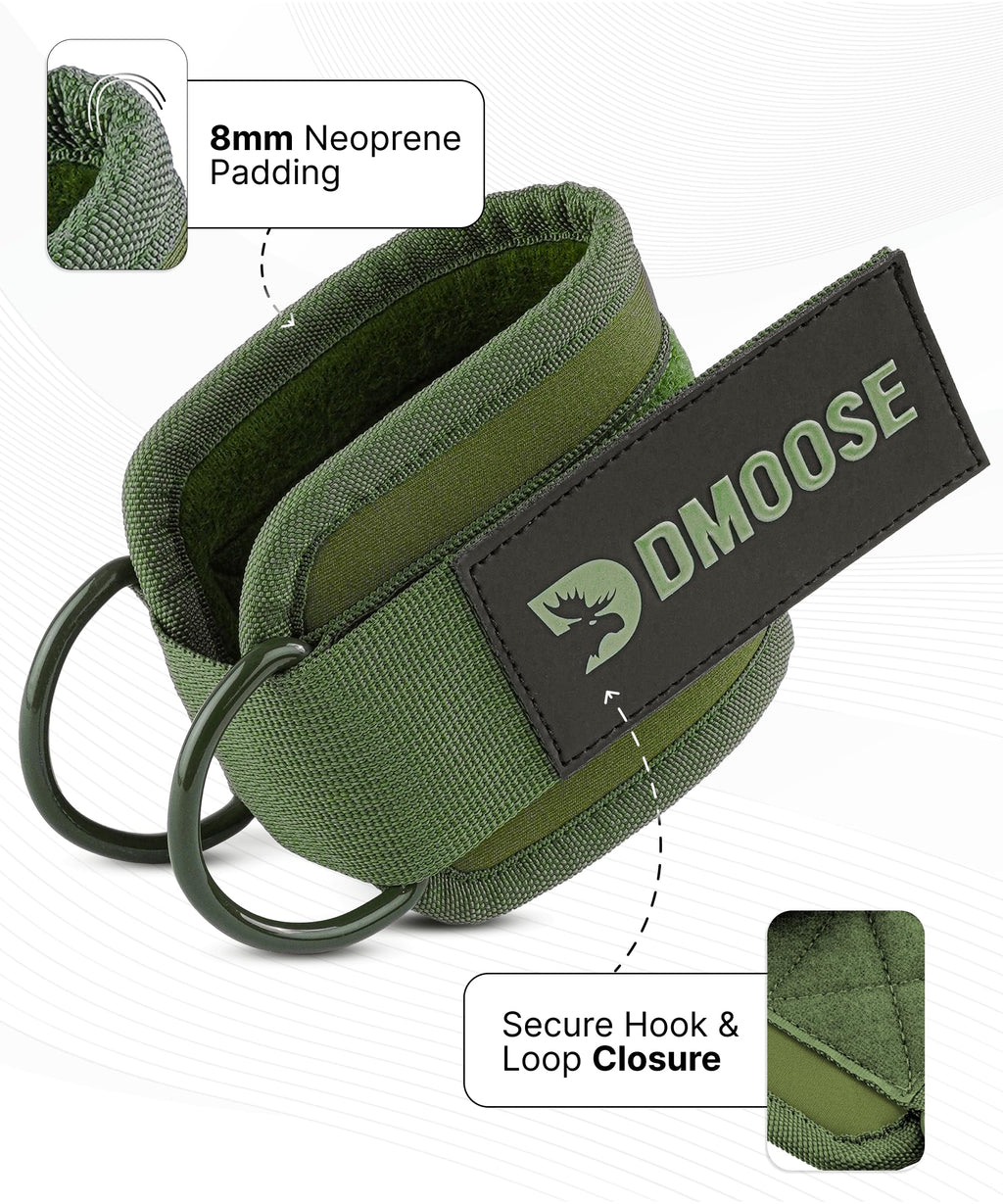 DMoose Ankle Strap for Cable Machine - One Size Fit with Premium Padding, Glute Kickback Ankle Strap, Ankle Cable Straps for Workout, Booty Workout, Leg Extension, Hip Abductors (Olive Green - Pair)