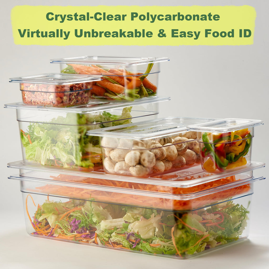 CURTA 6-Pack 1/6 Size 4" Deep NSF Polycarbonate Food Pans with Handled Lids & Drain Trays | Dishwasher & Freezer Safe Clear Container for Prep Tables, Buffet, Salad Bar, Commercial & Home Kitchen