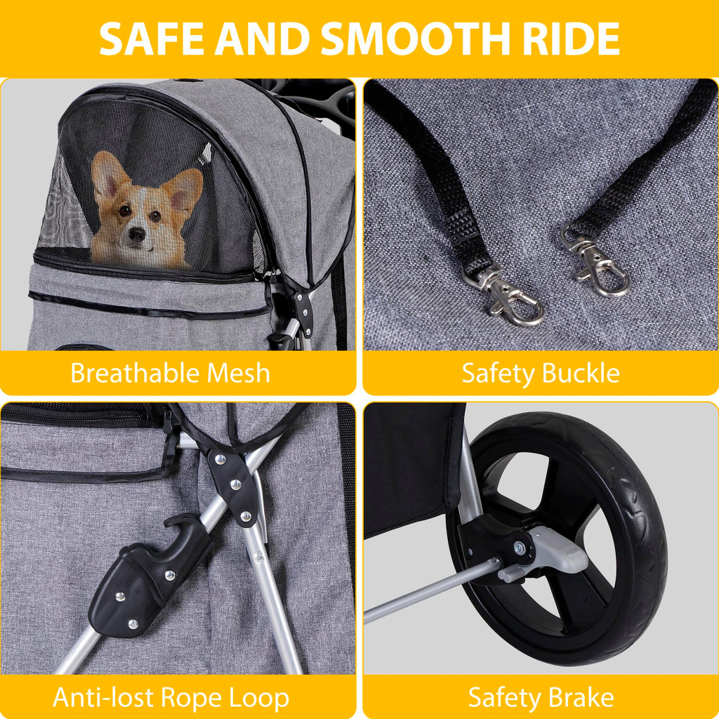 LEMY Pet Stroller, 4 Wheels Dog Cat Stroller with Storage Basket&Cup Holder,Grey Folding Dog Cat Cage Jogger Strollers for Small Medium Dogs Cats Travel