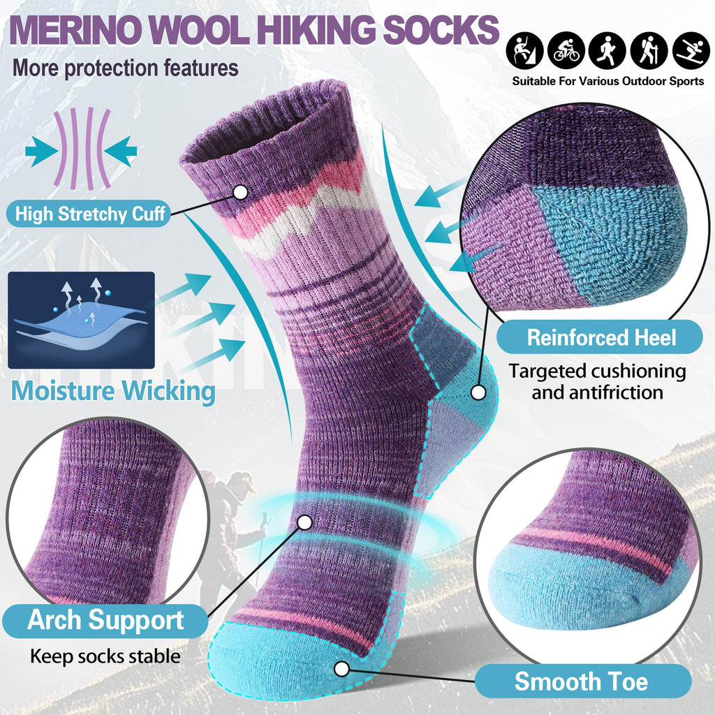 Sandsuced Womens Merino Wool Hiking Socks Thermal Winter Warm Cozy Outdoor Crew Socks 5 Pairs Gift Stocking Stuffers(Purple/Blue/Dark Blue/Rose Pink/Light Blue，M)
