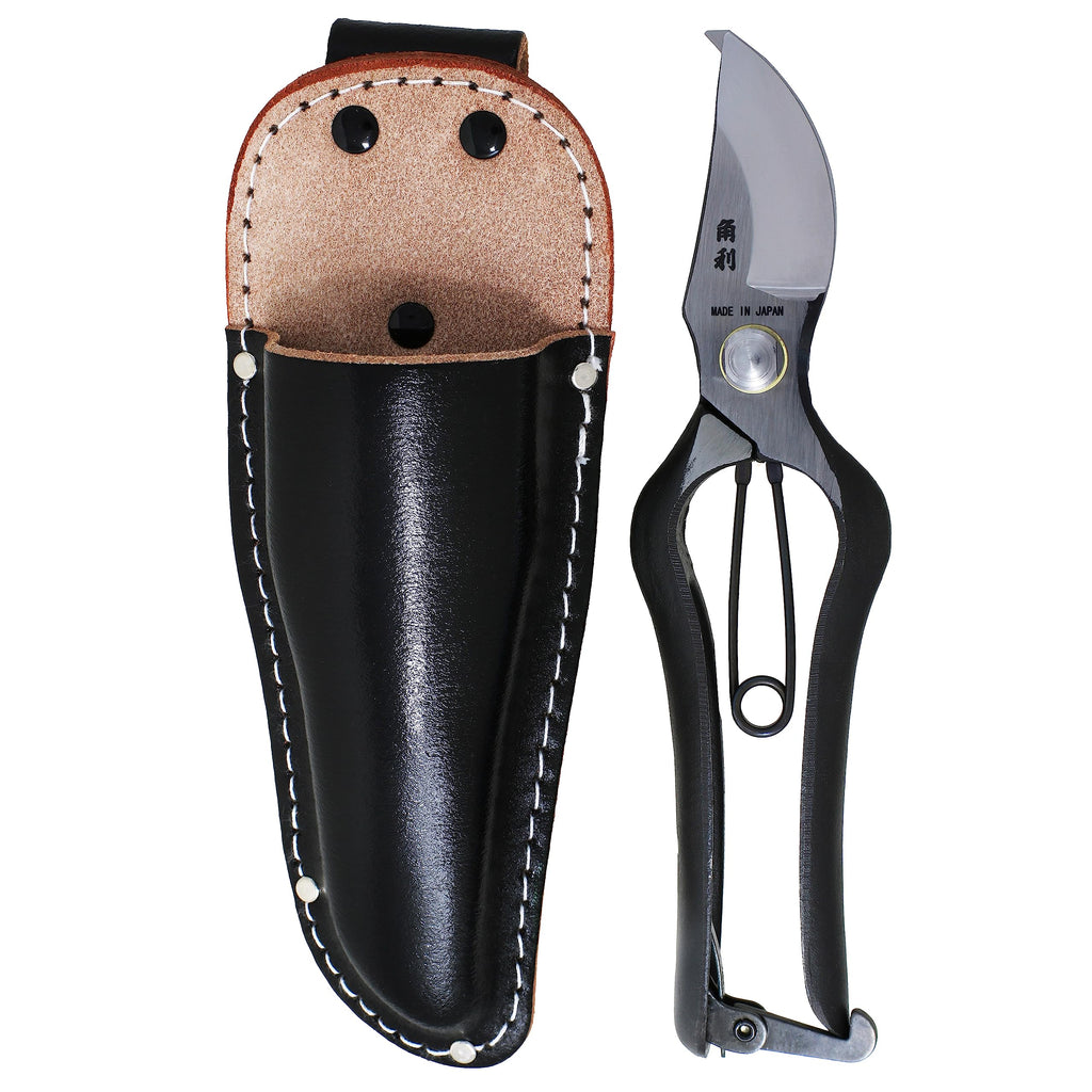 KAKURI Japanese Pruning Shears for Gardening Heavy Duty 8", Made in JAPAN, Professional Garden Bypass Pruners with Leather Sheath, Hand Forged Japanese Carbon Steel, Black