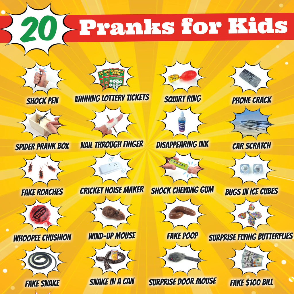 BLOONSY Prank Kit | 20 Ultimate Practical Jokes & Pranks for Kids | Prank Toys Pack Set Box for Gifts