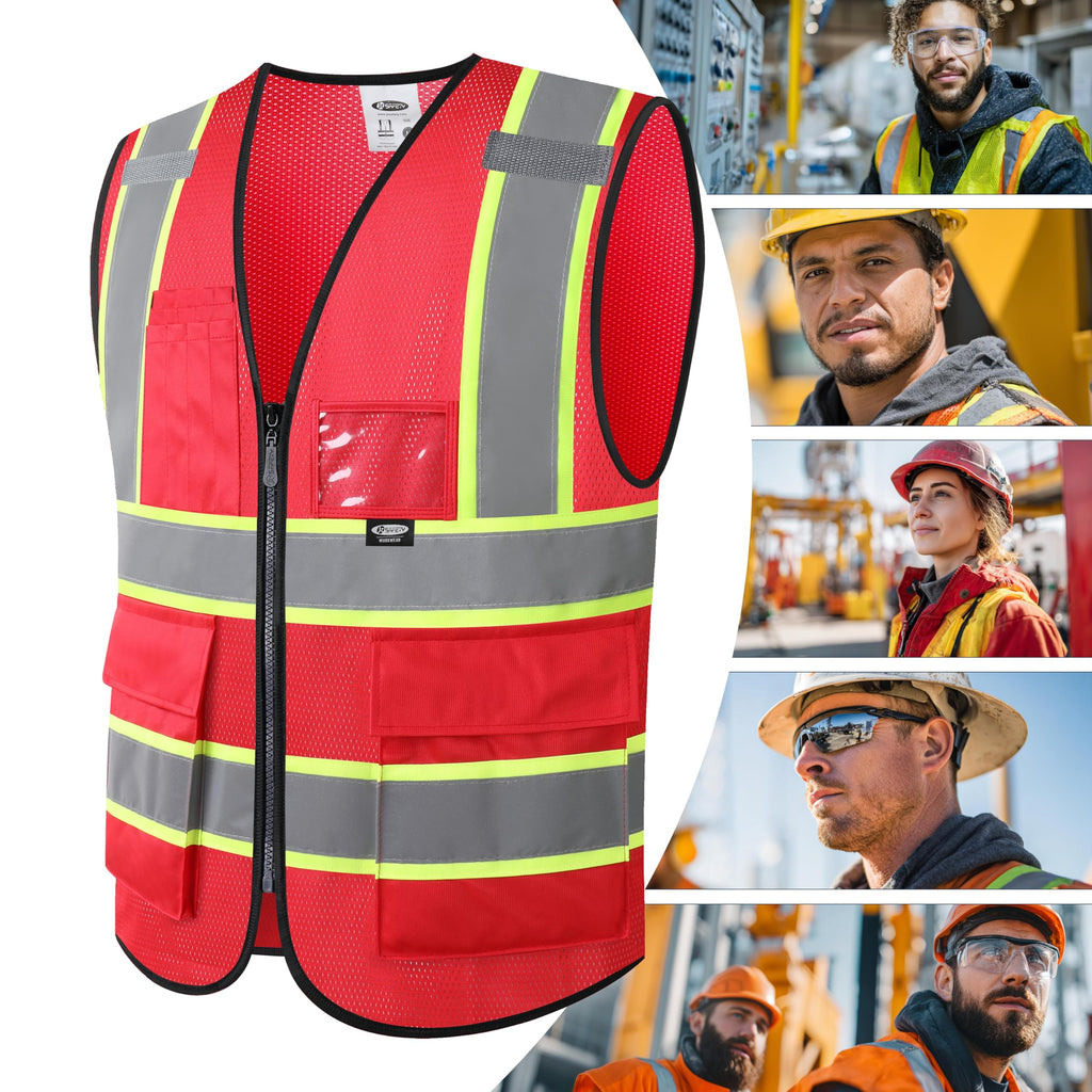 JKSafety Safety Vest for Men Women Hi Vis Vest with Pockets and Zipper Front Reflective High Visibility Vests Meet ANSI Standard Red Color Extended Yellow Strips (BX320-Red 3XL) 1 Piece