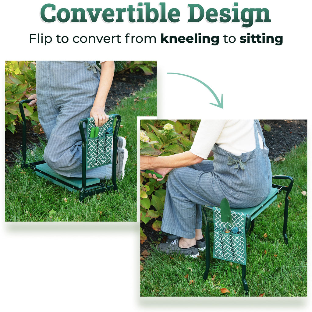 Garden Kneeler And Seat - Protects Your Knees, Clothes From Dirt & Grass Stains - Foldable Stool For Ease Of Storage - EVA Foam Pad - Sturdy and Lightweight - Bench Comes With A Free Tool Pouch!