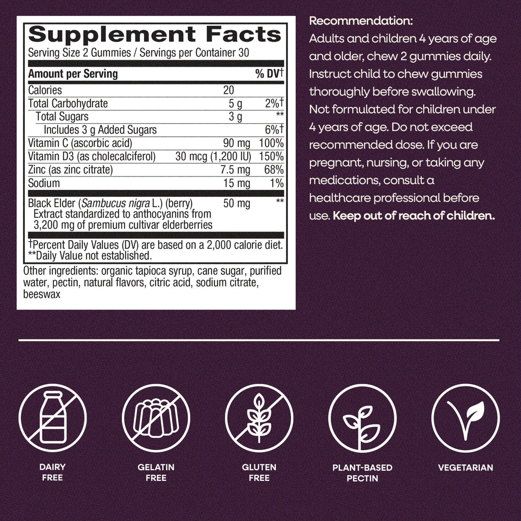 Nature's Way Sambucus Elderberry Gummies, Immune Support Gummy for Adults & Kids Ages 4+ with Black Elderberry Extract, Vitamin C, Vitamin D3, and Zinc*, 60 Gummies