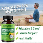 NATURELO Magnesium Glycinate Chelate Complex - 200 mg Magnesium with Organic Vegetables to Support Sleep, Calm, Muscle Cramp & Stress Relief - Gluten Free, Non GMO - 240 Capsules