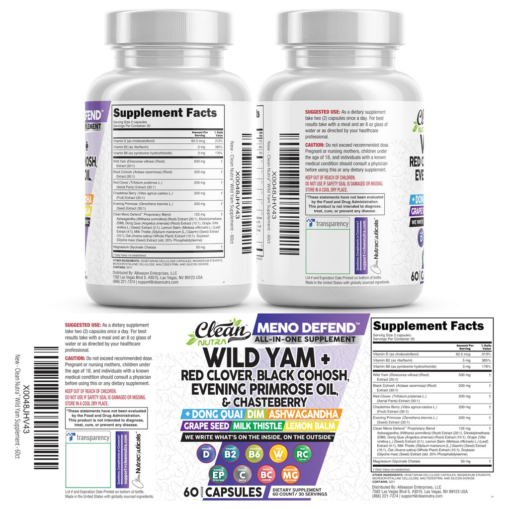 Clean Nutra Wild Yam Root Capsules with Red Clover Black Cohosh Evening Primrose Oil Chasteberry Dong Quai DIM Ashwagandha Grape Seed Extract Milk Thistle Lemon Balm and more Hormone Balance For Women