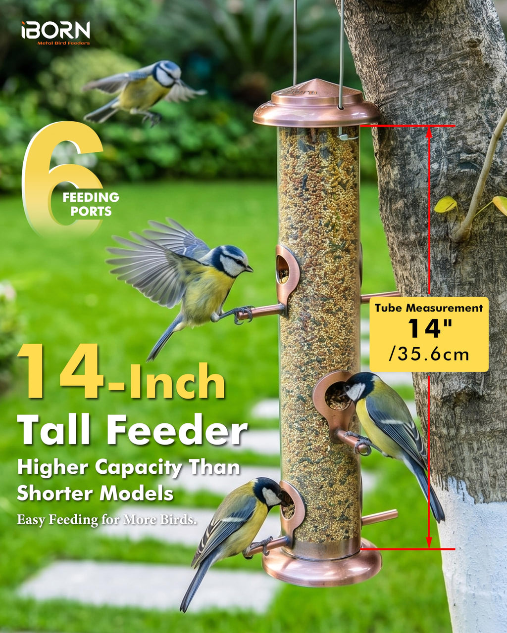 iBorn Bird Feeders for Outdoors 14" 6 Ports Chew-Resistant, Copper, 1PK