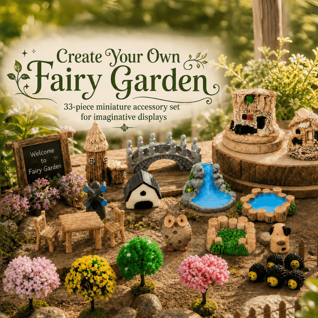 SangHW 33 Pcs Fairy Garden Kit, Resin Fairy House Accessories with Animal Figurines & Fences, Stable & Noticeable Terrarium Decor for Outdoor Planters and DIY Micro Landscapes