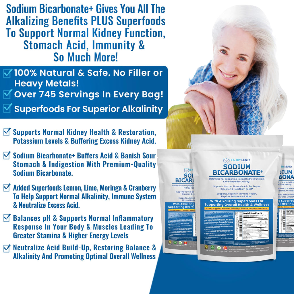Organic Use Sodium Bicarbonate Alkaline Supplement for Alkalinity. Support Kidneys & Stomach Acid Neutralizer w/Alkaline Superfoods. Sodium Bicarbonate Powder Kidney Immune Support Antacid Sports 1LB