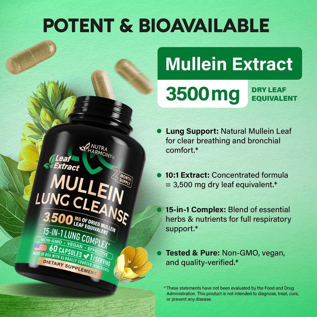 Mullein Lung Detox - Mullein Leaf Extract - Marshmallow Root | Echinacea | Oregano | Quercetin | NAC - 15-in-1 Lung Support & Cleanse for Smokers Supplement - Made in USA - As Drops - 60 Capsules