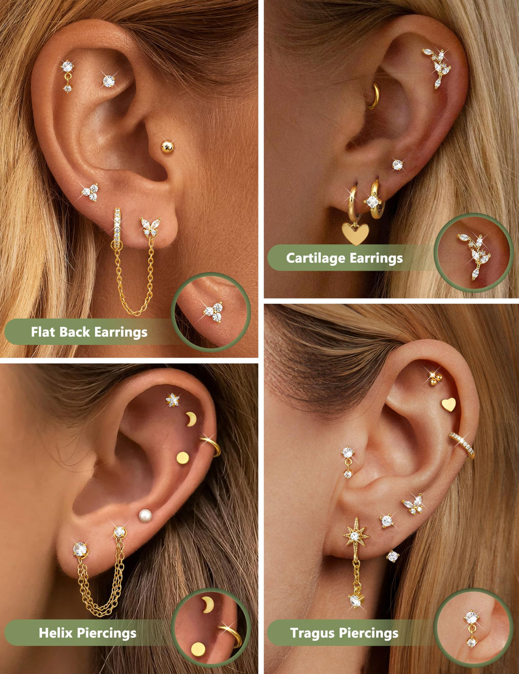 THUNARAZ 21Pcs Flat Back Earrings Stacks, Cartilage Helix Piercing Jewelry