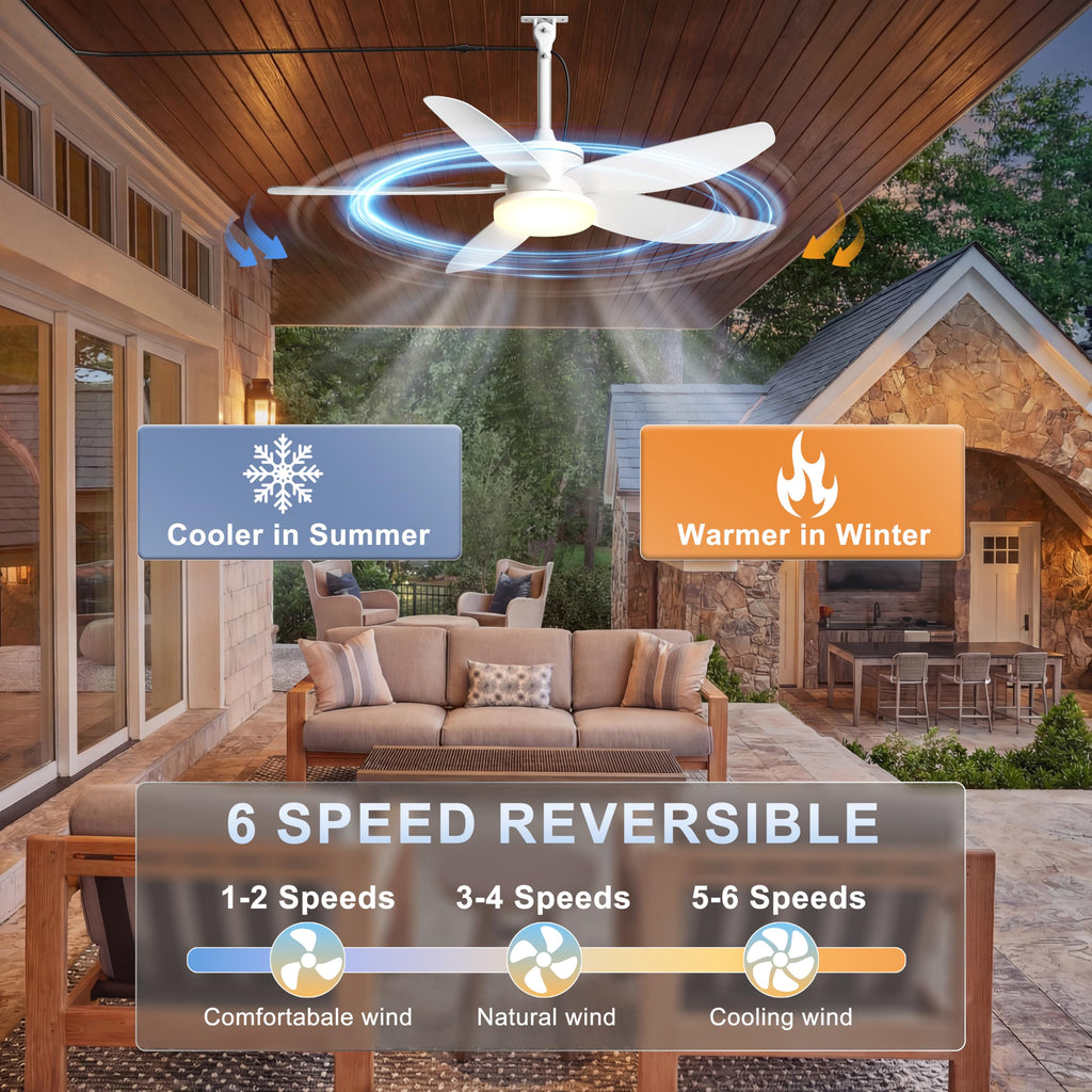 Phylluz Outdoor Ceiling Fan with Lights, 48 Inch Plug in Gazebo Fans with Remote APP Control, Quiet DC Motor, Dimmable 3CCT, Waterproof Hanging Fans for Covered Patios, Porch, White