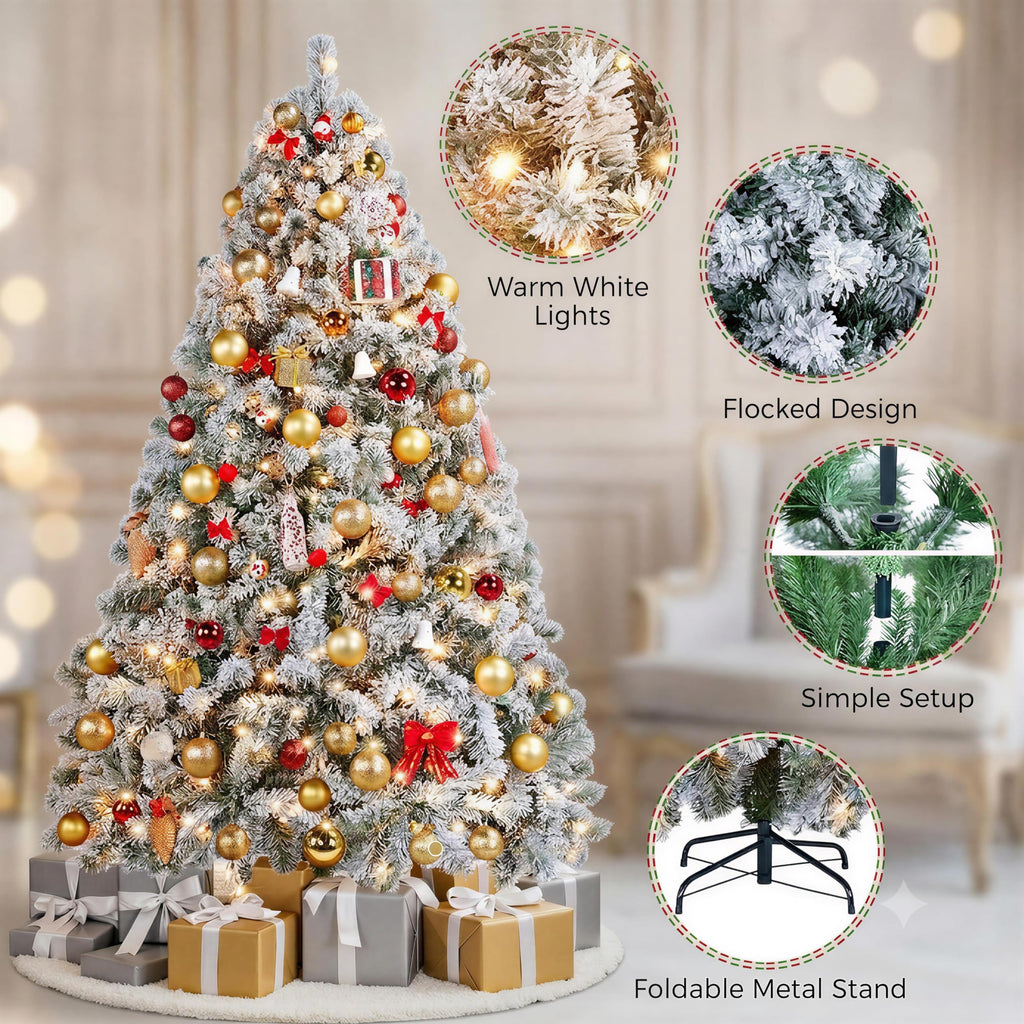Yaheetech 6ft Pre-Lit Snow Flocked Artificial Christmas Tree, 250 Lights