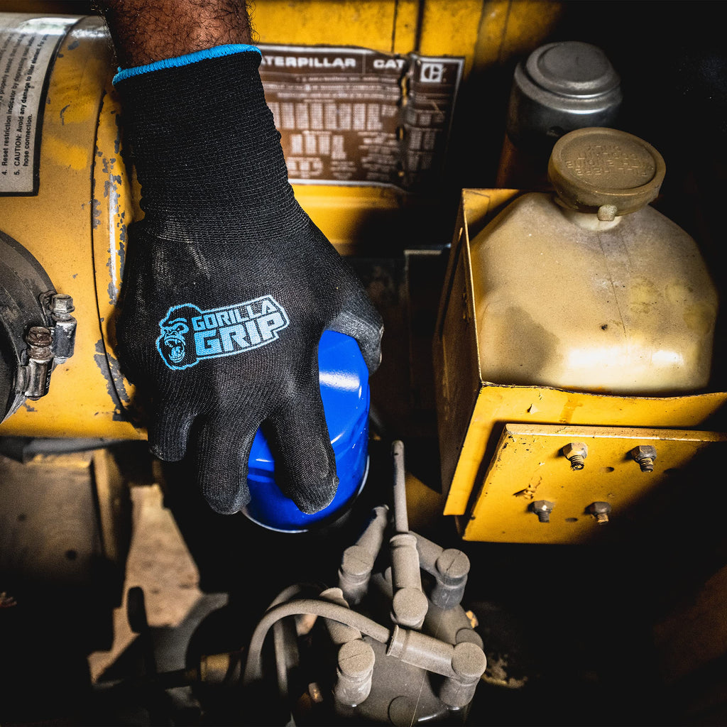 Gorilla Grip Work Gloves, Never Slip Maximum Grip All-Purpose, Gloves for Men, Superior in Wet, Dry, Oily Conditions, Polymer Palm, Medium Size, 25 Pairs, Black/Blue | 25047-25