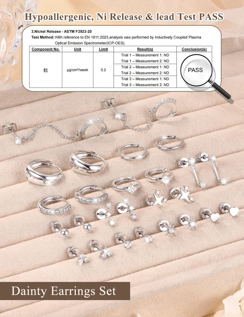 Florideco Silver Plated Flat Back Earrings Hypoallergenic Surgical Steel Earrings for Women Trendy Cartilage Chain Hoop Earring Studs Star Heart CZ Flatback Stud Earring Pack