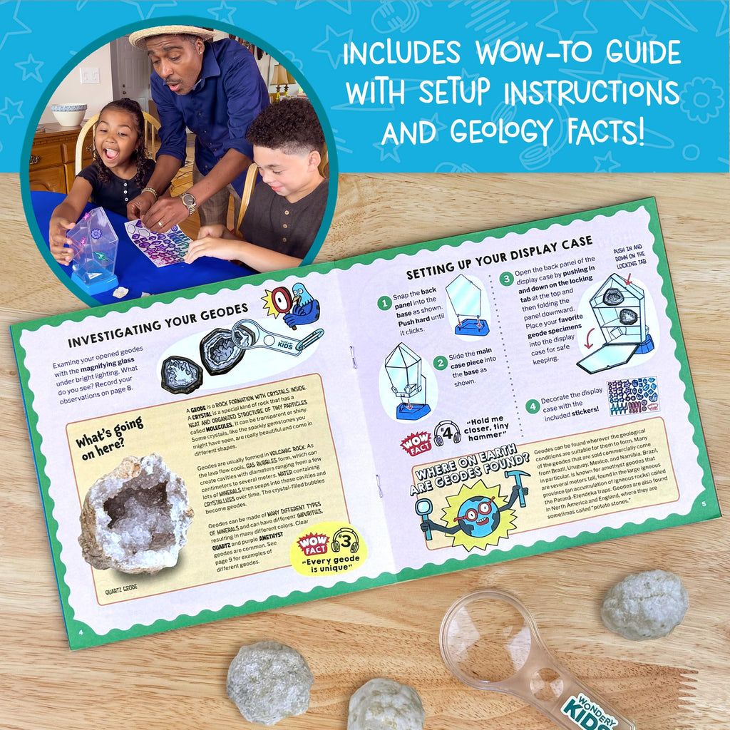 Wow in The World – 10 Real Break-Open Crystal Geodes with Display Case – Bonus Goggles & Magnifying Glass, Companion Audio Content, STEM Toy for Boys & Girls 6+ by Thames & Kosmos