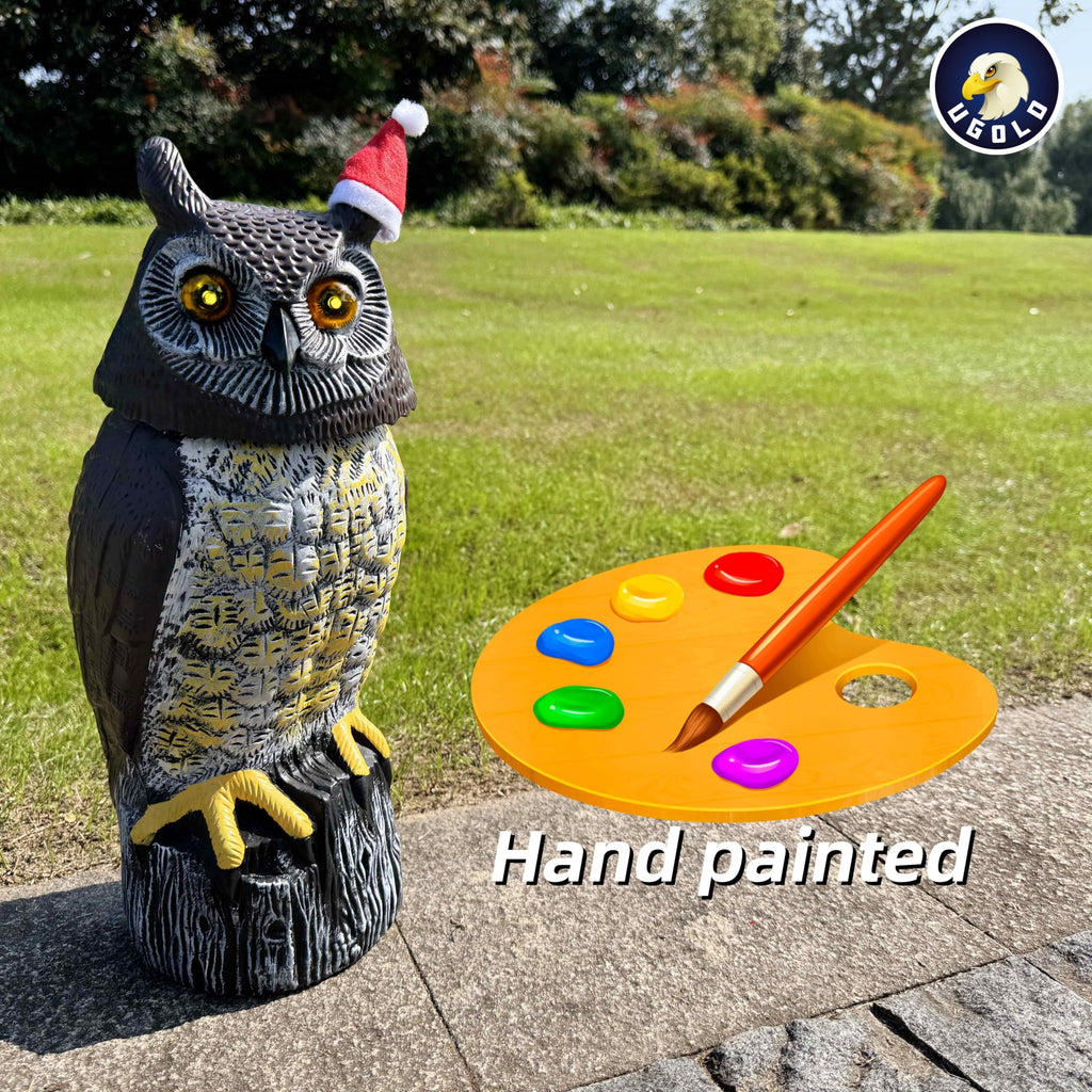 Ugold Solar Powered Owl, Motion Detection, Rotating Head, Realistic Hoots and Silent Mode, Outdoor Statue, Sculpture, Owl Decoration with a Christmas Hat for Home, Garden, Patio and Lawn