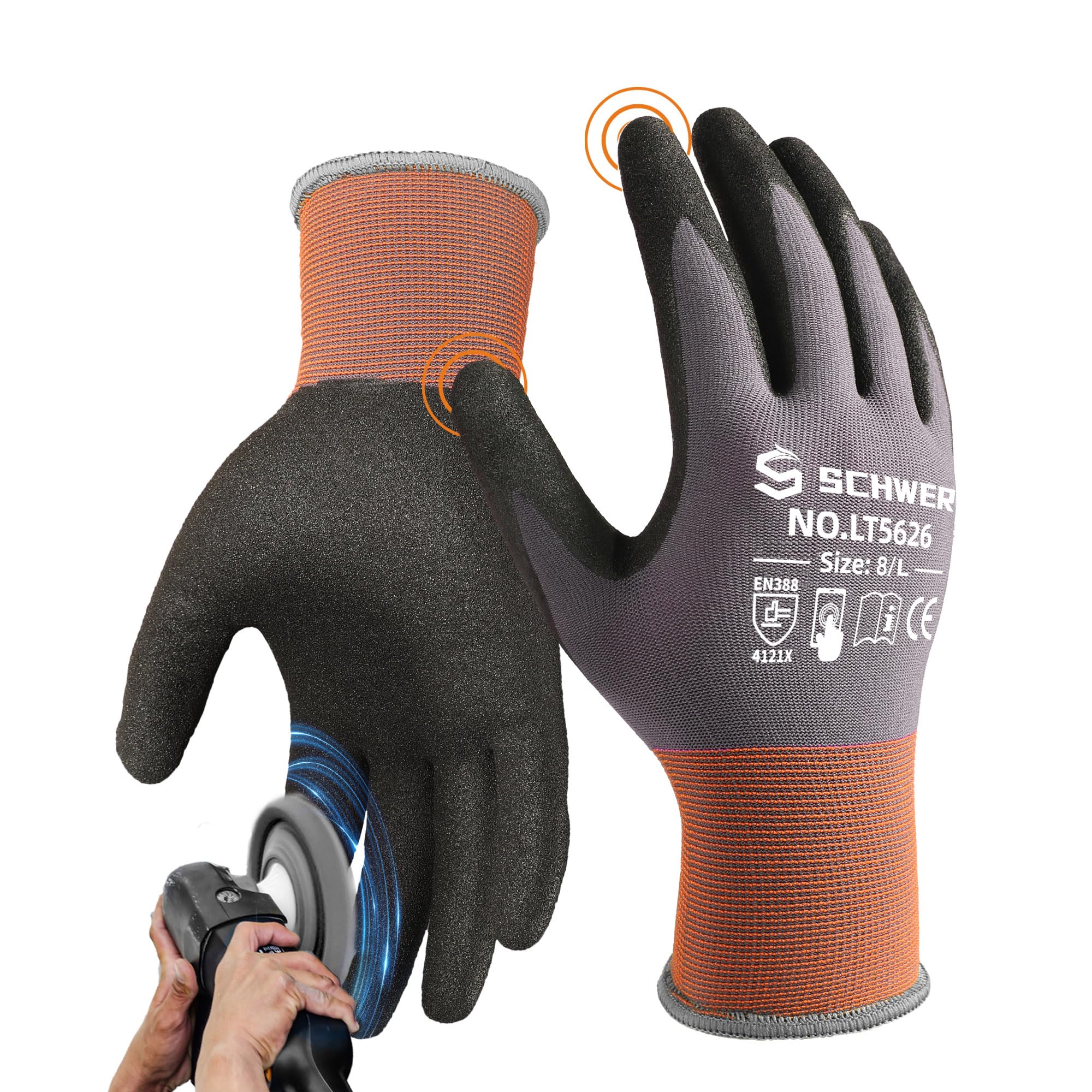 Schwer 3/6/12 Pairs Work Gloves Sandy Nitrile Coated LT5626, Level 6 Abrasion Resistant (Certified) Heavy Duty Working Gloves with Grip for Men Women, Touch-Screen, for Gardening, Construction, XL