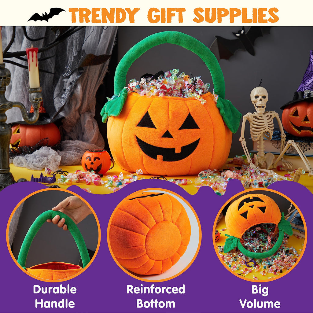 JOYIN Halloween Pumpkin Plush Tote Bucket, 11 X 13.4 inches Candy Trick or Treat Bag, Cute Halloween Basket with Handle for Kids Girl Boy Trick or Treating, Party Favor Supplies, Kids Gifts Goody Bag