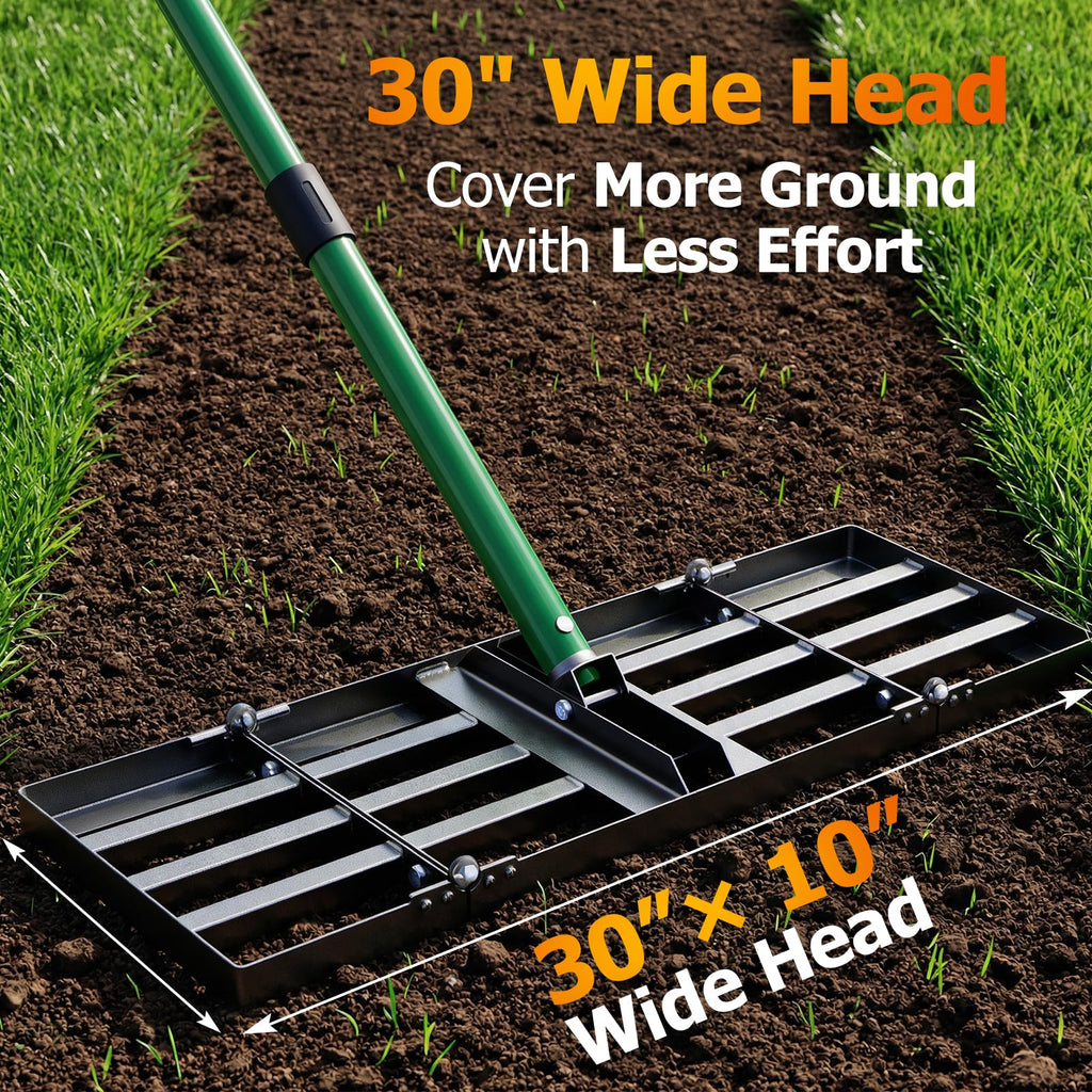30"x10" Lawn Leveling Rake, Heavy Duty Lawn Leveler with 33"-77" Adjustable Handle, Foldable Ground Leveling Tool for Soil, Sand, Gravel, Ergonomic Design for Lawns, Golf Courses and Backyards