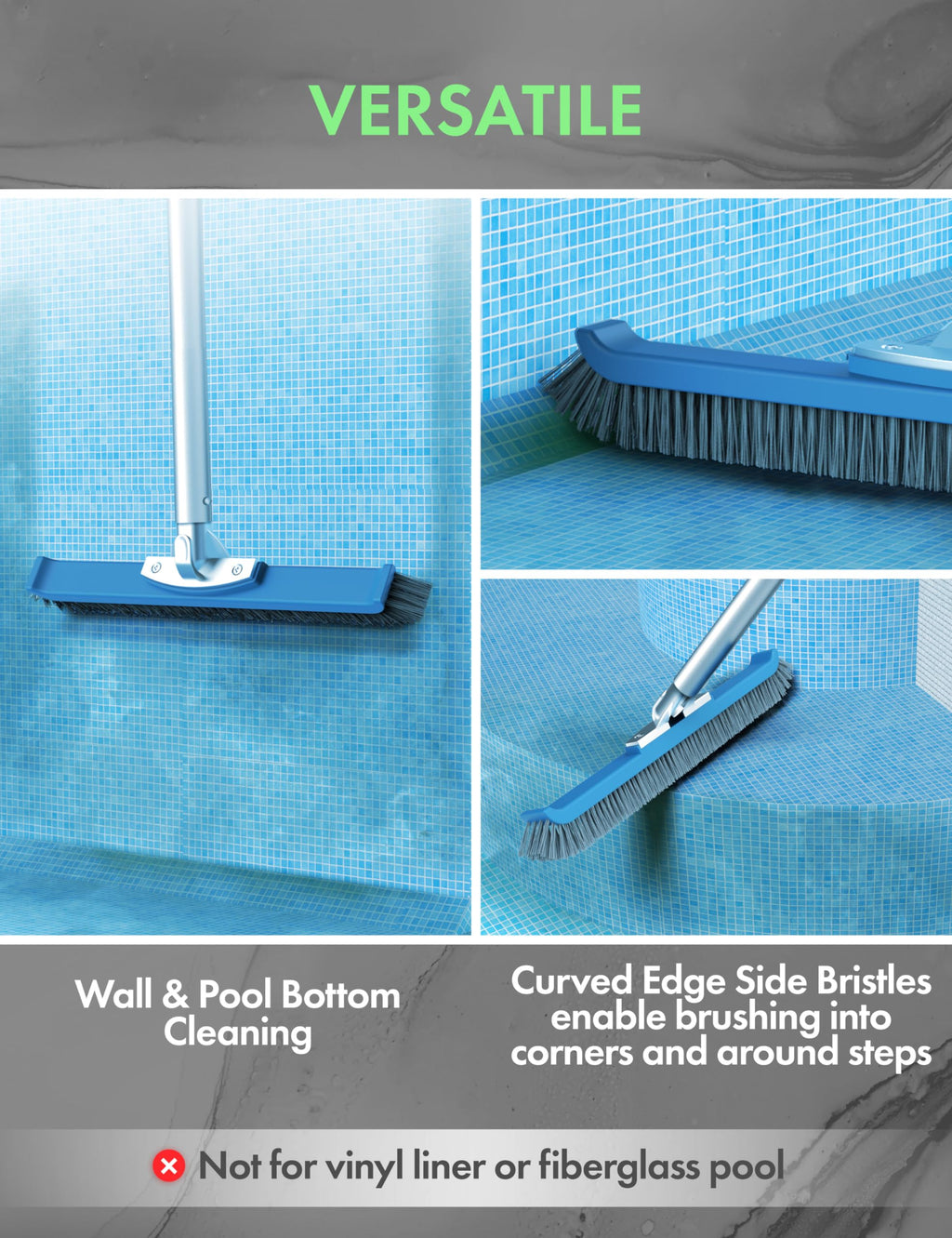 KEMANO Heavy Duty Pool Brush Head: Industrial-Grade Grit Non-Metal Stiff Bristles & Reinforced Aluminum Frame for Inground Pools, Tiles, Concrete Surfaces - Tackles Tough Surfaces, Algae, Stains