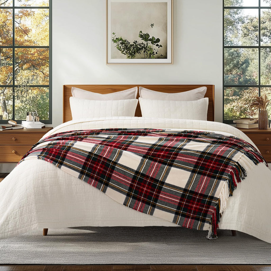 EverGrace Chenille Christmas Throw Blanket, 50"x60", White Stewart Plaid