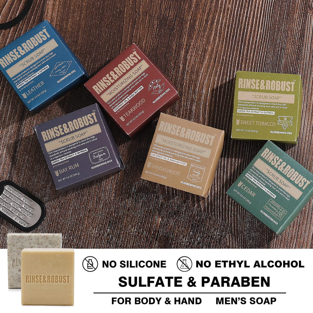 Rinse & Robust Mens Natural Bar Soap 6Pcs Handmade Cleansing Soap Bar Set Moisturizing&Exfoliating Scrub Soap Gifts for Men 6 Different Scents 3.5 oz of 6 Bars