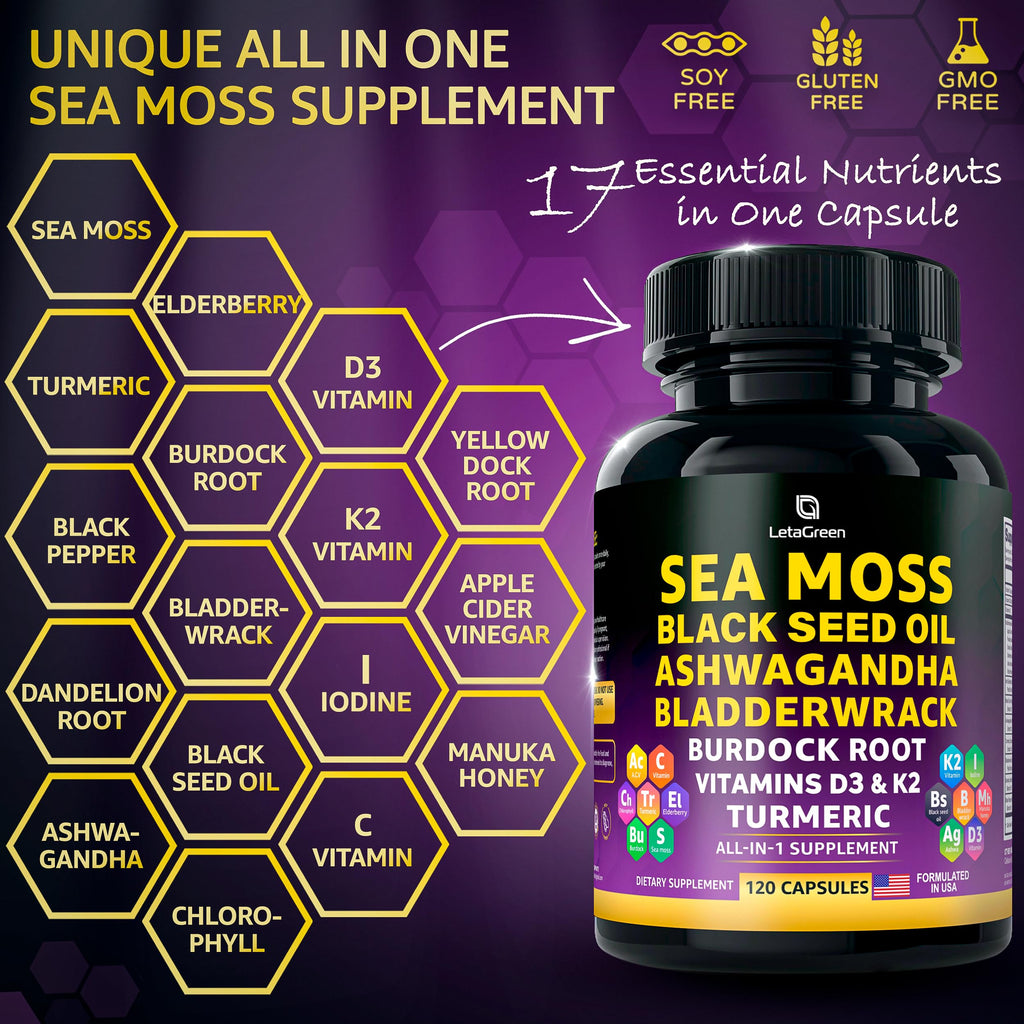 Sea Moss Capsules – 17-in-1 Blend with Black Seed Oil Ashwagandha Bladderwrack Burdock Root Turmeric Vitamin D3 K2 C for Daily Wellness – Multimineral Supplement for Men & Women – 120 Count