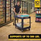 Rubbermaid Commercial Products 2-Shelf Utility/Service Cart, Medium, Black, Lipped Shelves, Ergonomic Handle, 500 Lbs Capacity, forfor Warehouse/Garage/Cleaning/Manufacturing
