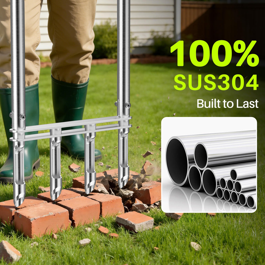 Knee-Friendly Manual Lawn Aerator Tool –Adjustable SUS304 Stainless Steel Core Aerator for Grass, Yard Aeration Tool with 4 Hollow Tines for Lawn Care and Compacted Soil,43.3"-48.5",Silver