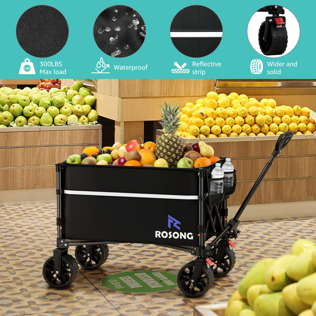 ROSONG Collapsible Wagon Cart with Wheels Foldable - Folding Utility Heavy Duty Wagons Carts for Grocery Sports Garden Shopping Camping Wheelbarrows (Black with Cover, 120L)