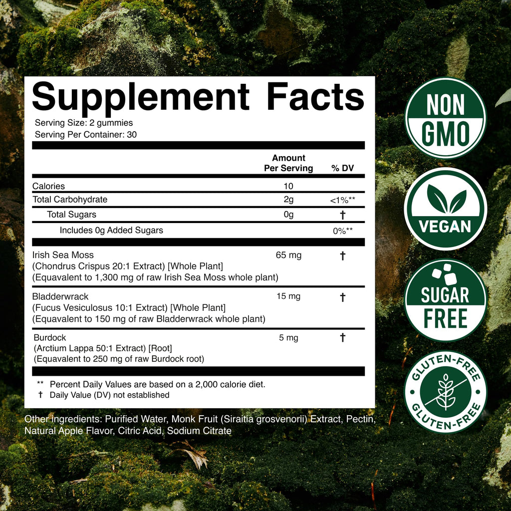 Secret Element Sea Moss Gummies 1300MG for Women and Men, Irish Sea Moss with Bladderwrack & Burdock Root, Vegan Sea Moss Gummies, Sugar Free, Non-GMO, Apple Flavor, 60 Gummies