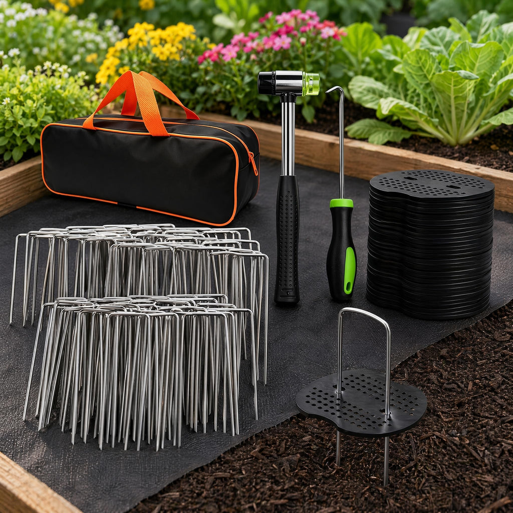 202Pcs Garden Stake Staple kit, 100Pcs 6-inch U-Shaped Landscape Staples, 100 Fixing Gasket, Pick Hook, Rubber Mallet Used for for Weed Barrier Fabric, Ground Cover, Holding Fence and Artificial Turf
