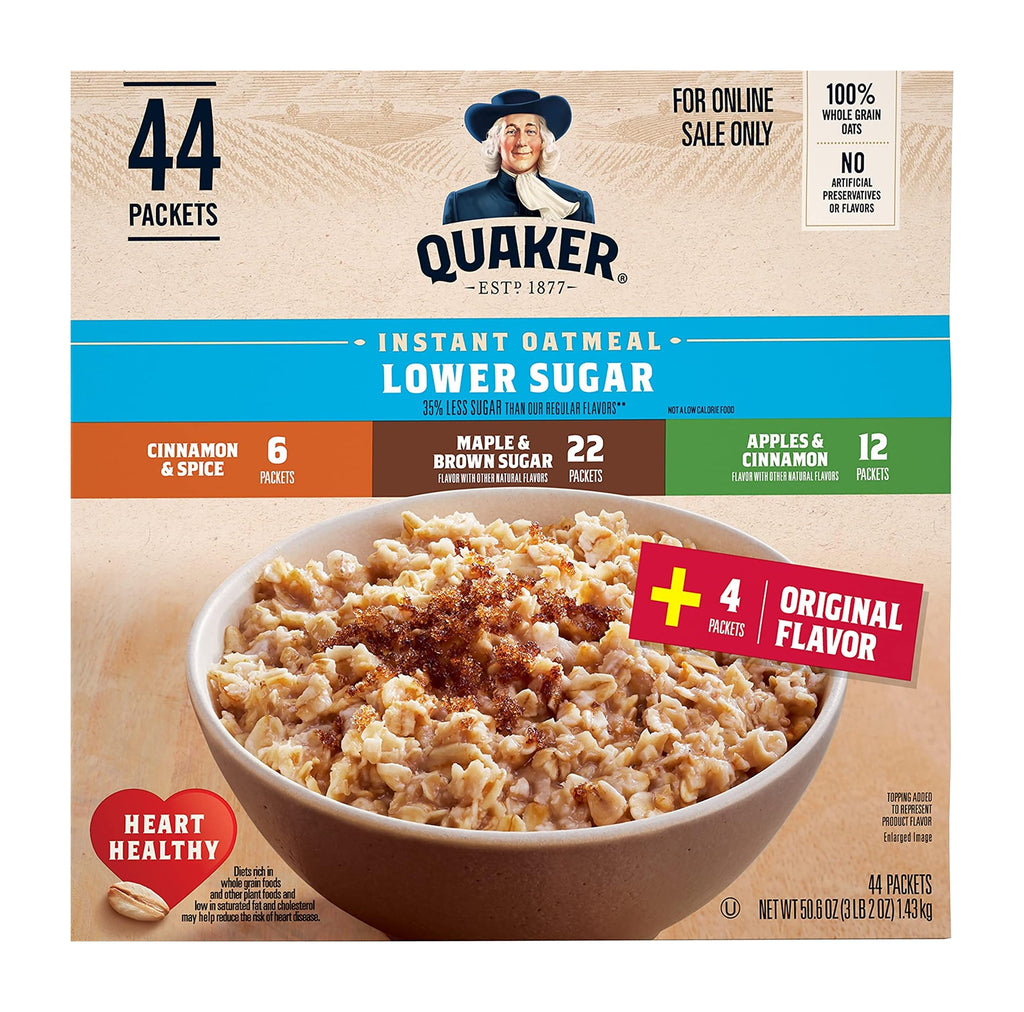 Quaker Instant Oatmeal Lower Sugar, 4 Flavor Variety Pack 44 Count (Pack of 1)