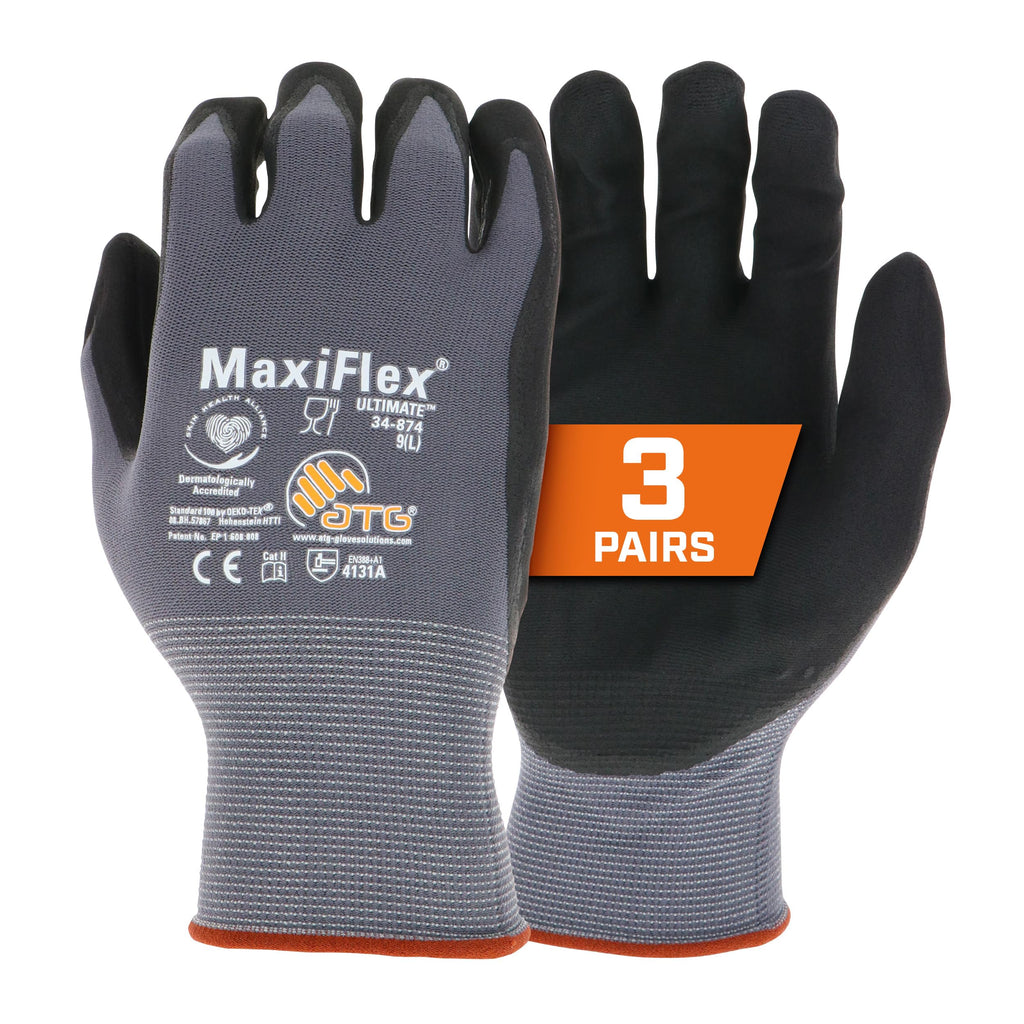 ATG MaxiFlex PIP 34-874/XL MaxiFlex Ultimate, Foam Nitrile Palm Coated Gloves, Gray, XL (Pack of 3)