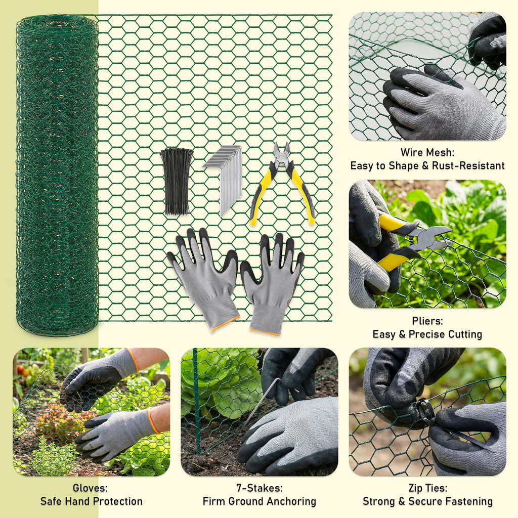 EcoBrisa 13.8x118" Plant Protectors from Animals, 2Roll Metal Mesh Plant Cages for Outdoor Plants Chicken Wire Cloche Wire Mesh for Garden Fence Kit with Ground Stakes & Nylon Tie,Gloves,Plier (Green)