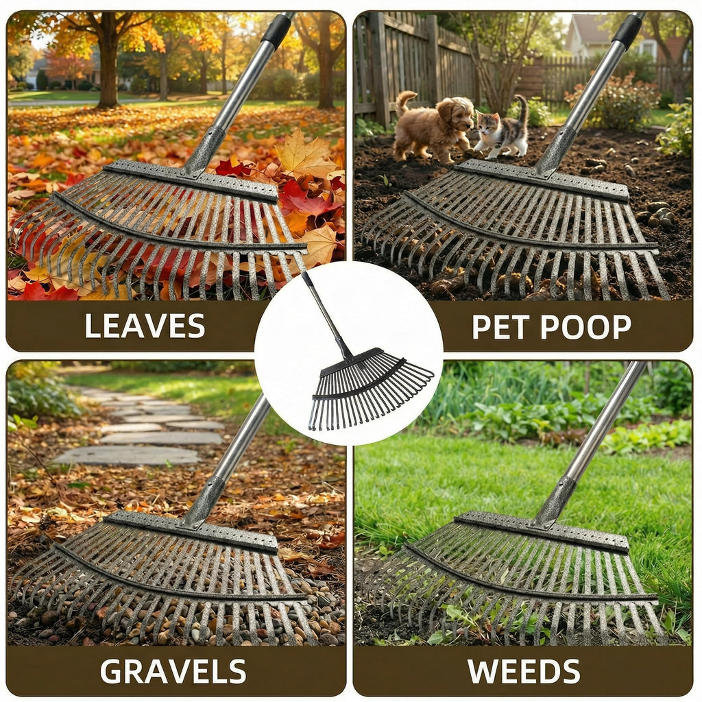 Metal Bow Leaf Rake with 25 Steel Teeth & 68" Stainless Steel Handle