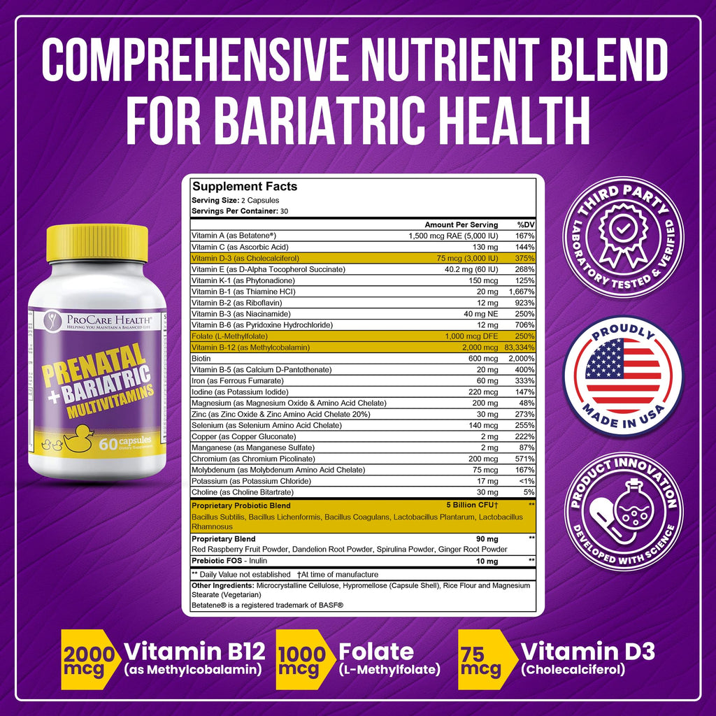 ProCare Health Prenatal Bariatric Multivitamin with Iron (60 Easy to Swallow Capsules) – for Women, Bariatric Vitamins for Gastric Bypass & Gastric Sleeve (1 Month Supply)