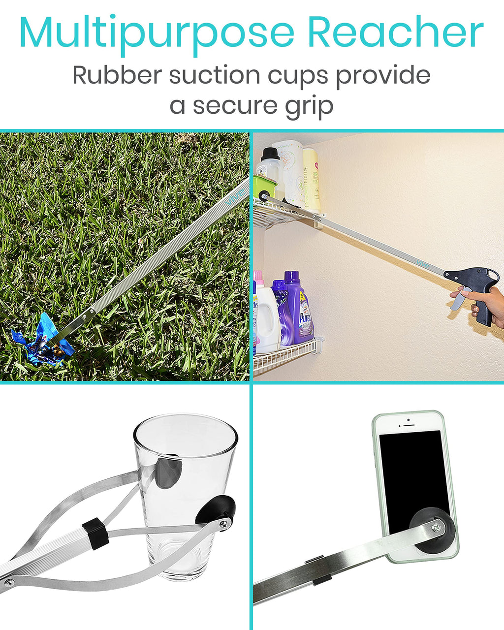 Vive Suction Cup Grabber Reacher 32" (2 Pack) - Elderly Grab It Reaching Pickup Tool Heavy Duty for Seniors - Trash, Sticks, Litter Picker Upper - Extra Long Reach Handle & Handy Extension Arm Claw