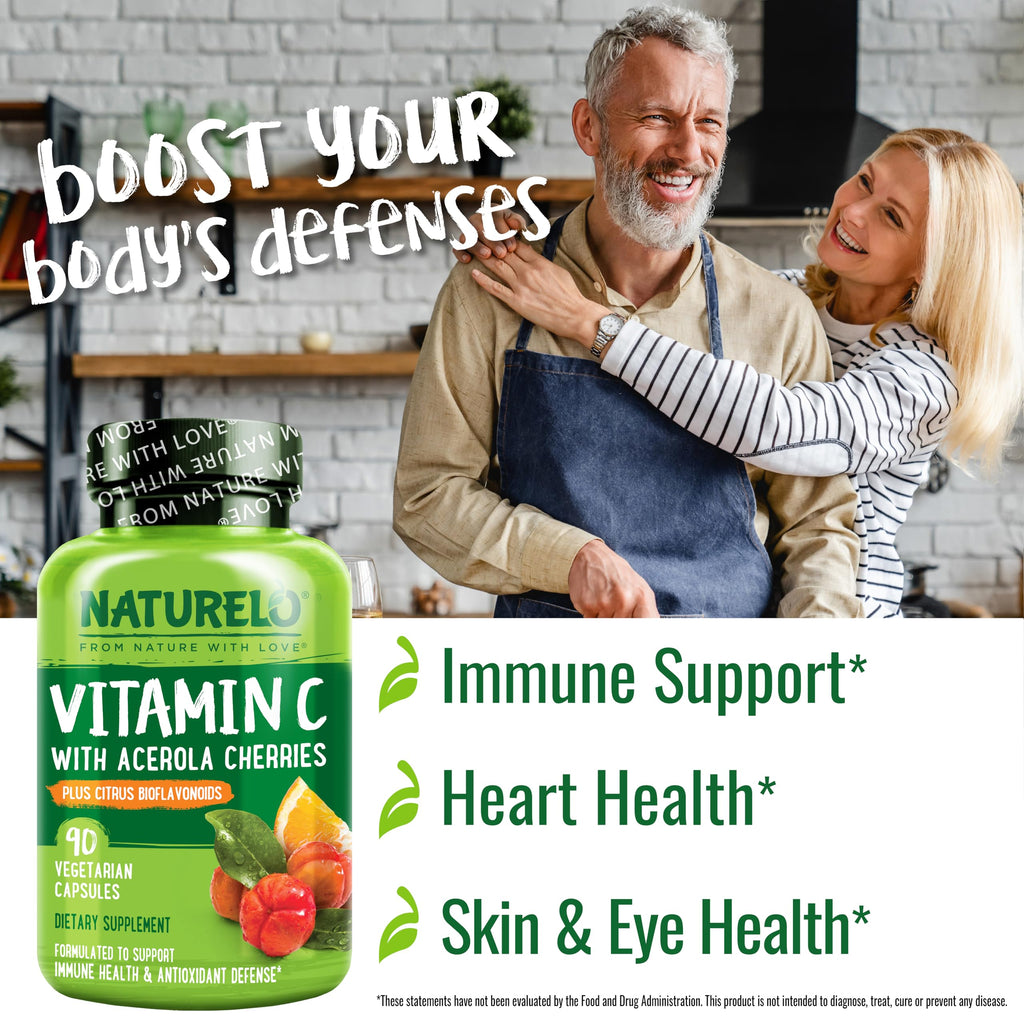 NATURELO Vitamin C with Organic Acerola Cherry Extract and Citrus Bioflavonoids - Vegan Supplement - Immune Support - 500 mg VIT C per Cap - Non-GMO - 90 Capsules