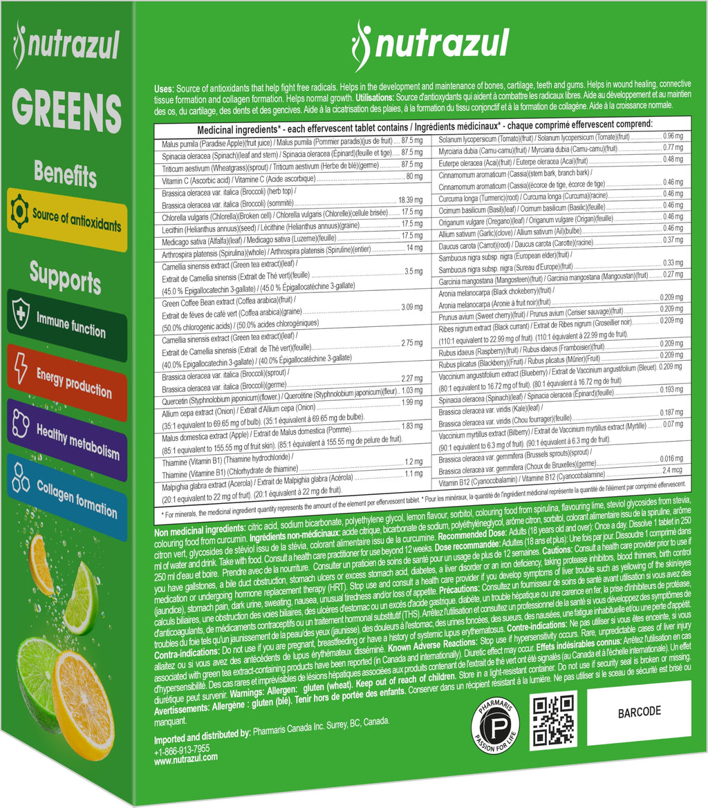 nutrazul Greens Effervescent Tablets - Daily Super Greens Supplement with 29 Superfoods - Antioxidant & Immune Support - Lemon Lime Flavor - Non-GMO - 30 Tablets