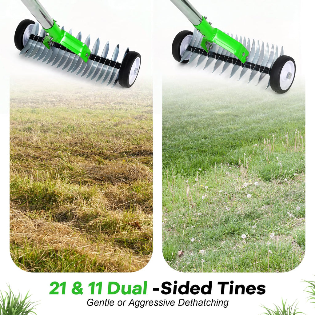 Thatch Rake,15-Inch Dethatcher Rake with Wheels,Dethatching Rakes for lawns