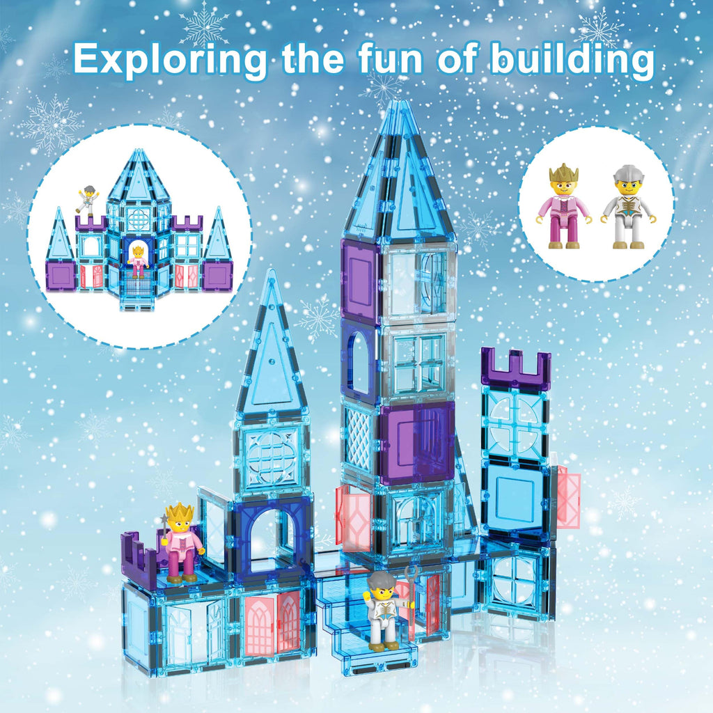 PicasssoTiles 72 Piece Magnetic Building Tiles Castle Winter Ice Theme Construction Magnet Block Set with Princess Prince Character Stairs Windows Doors STEM Learning Educational Toy Kids Ages 3+ PT72