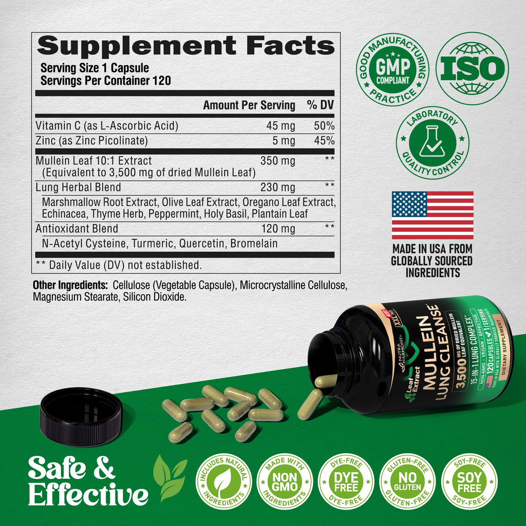 Mullein Leaf Extract for Lung Detox - Marshmallow Root | Echinacea | Oregano | Quercetin | NAC - 15-in-1 Lung Support & Cleanse for Smokers Supplement - Made in USA - As Drops, Tincture - 120 Capsules