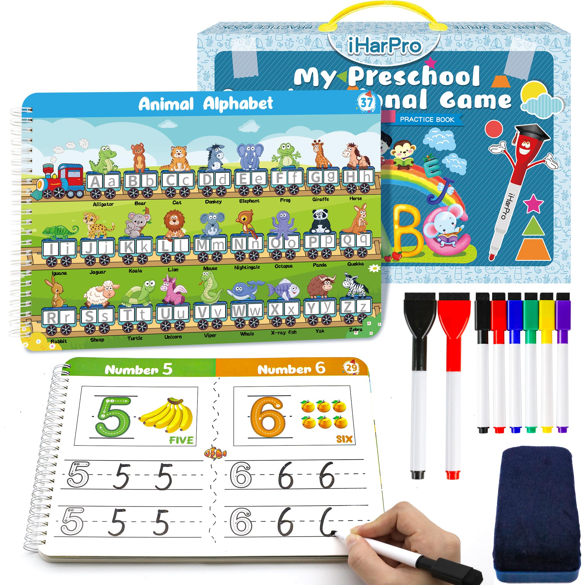 Handwriting Practice Book for kids, Toddlers Preschool Learning Activity 40 Pages Autism Educational Montessori Toys Learn Number Letters Shapes Animal & Sight Words Workbook with 8 Dry Erase Markers