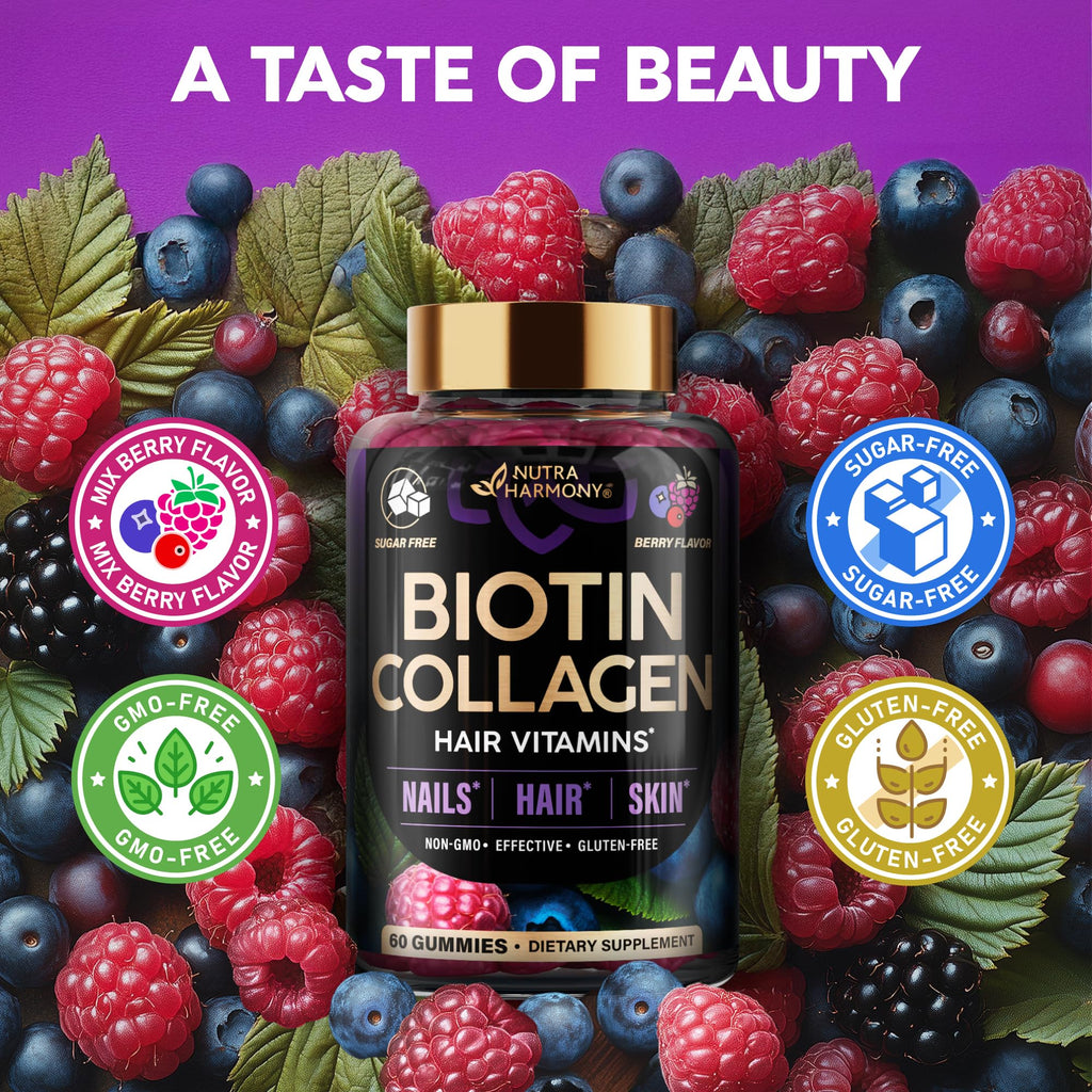 Biotin Gummies with Collagen - Hair Growth Support Skin, & Nail Strength - for Women & Men - Biotin 10000mcg | Keratin | Hyaluronic Acid | B-Complex | Saw Palmetto - Sugar-Free, Mixed Berry, Pack of 2