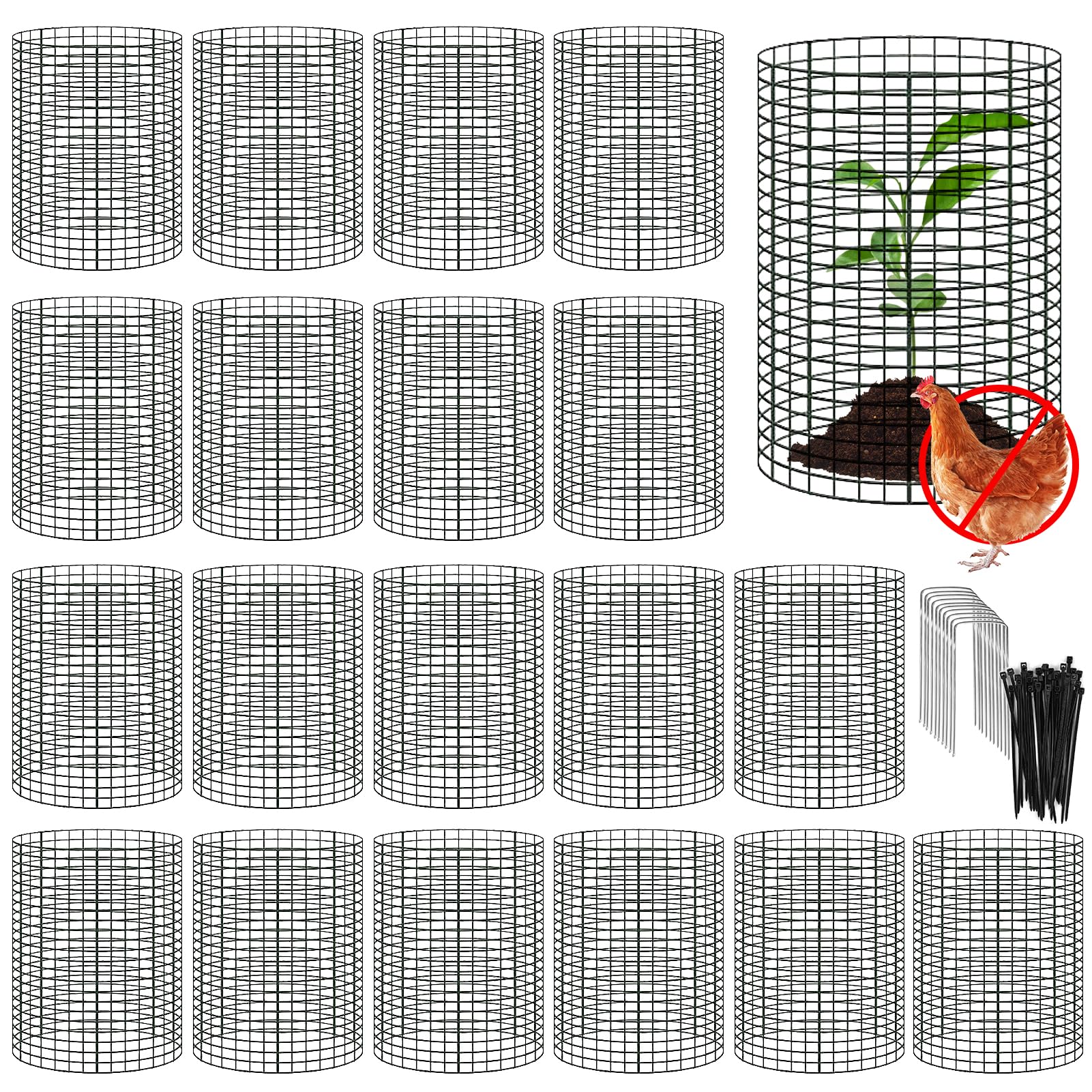 YEXEXINM 20 Pack 12" H X 4" D Wire Small Plant Protector from Animals, 20 Pcs Small Metal Plant Cage Chicken Wire Cloche with Ground Stakes and Nylon Tie to Keep Animals Out Garden Protection